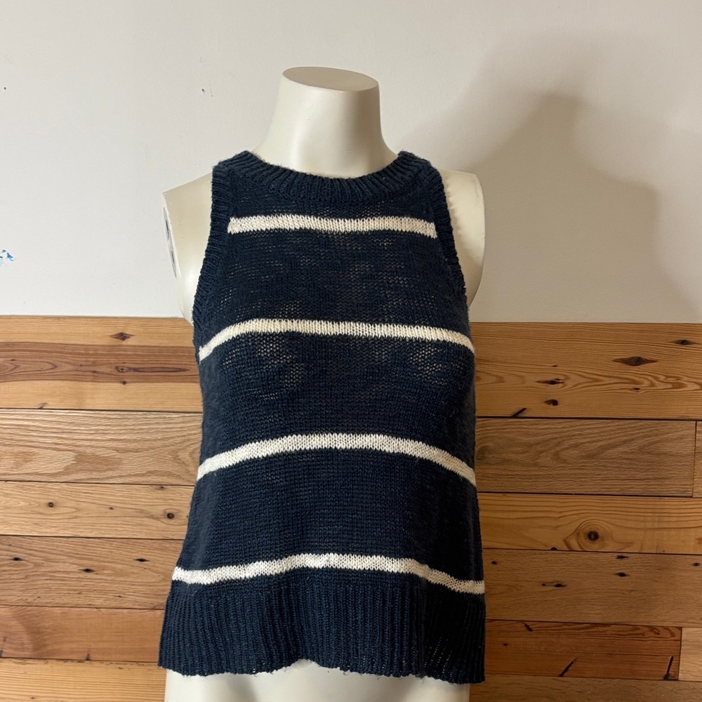 Striped Navy and White Sleeveless Knit Crewneck Sweater